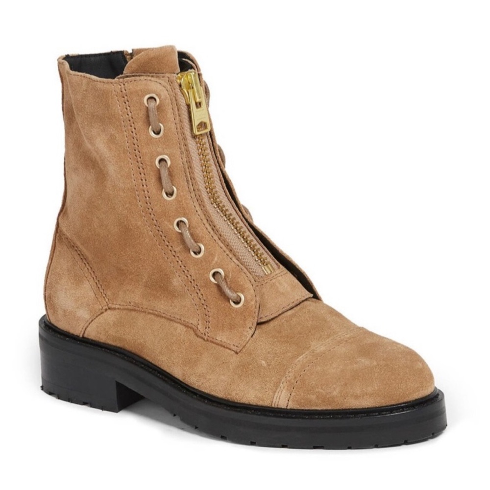 ALLSAINTS Milla Ariel Front Zip suede Cognac sand leather combat boots US 8